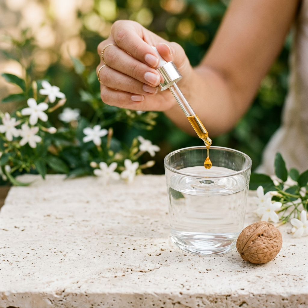 Druppel van de kruidenformule valt uit een pipet in een glas water